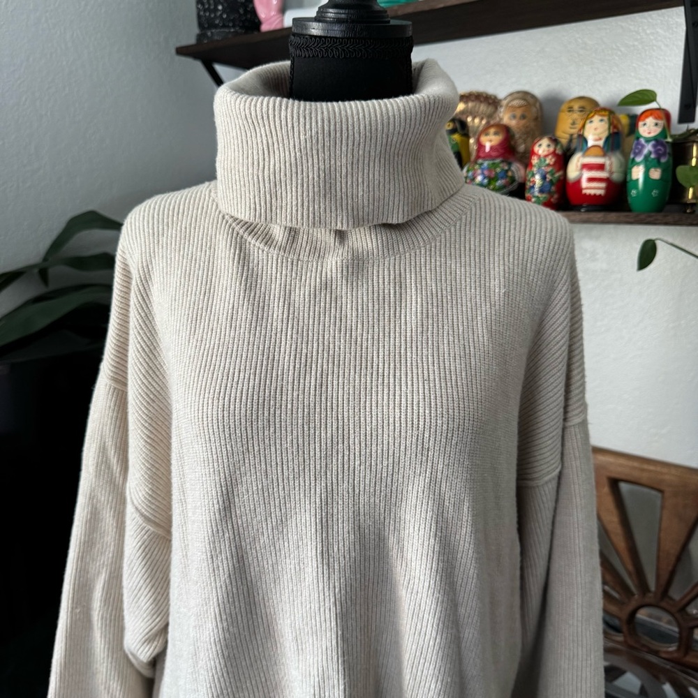 Free People Oversized Ribbed Knit Cream Turtleneck Sweater - Picture 3 of 7